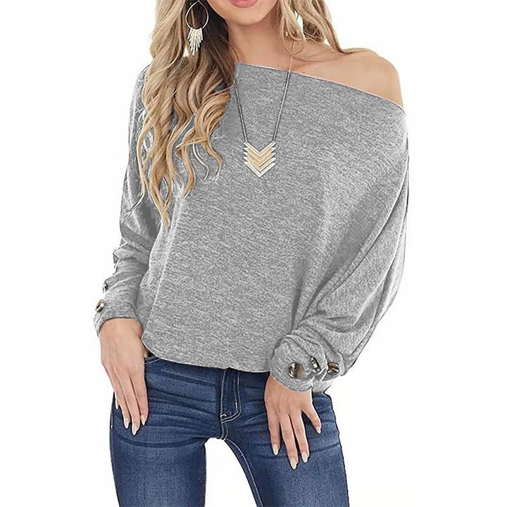 Women's Off-shoulder Button Solid Color Long Sleeve Casual T-shirt-Blouses & Shirts-Zishirts