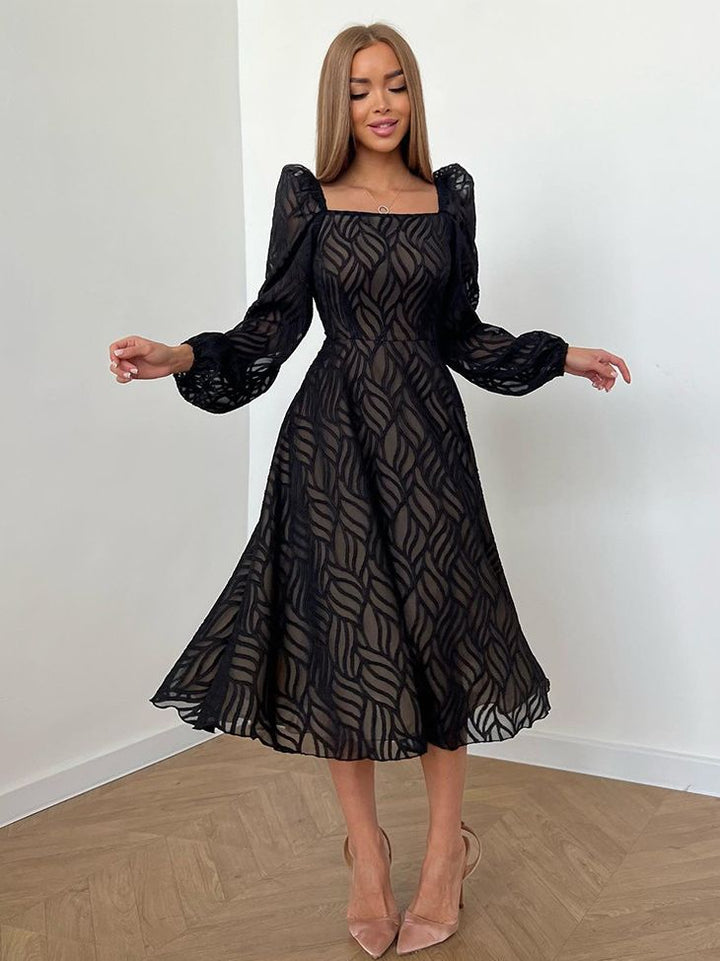Women's Graceful And Fashionable Hollow-out Micro-transparent Jacquard High Waist Long Sleeves Dress-Lady Dresses-Zishirts