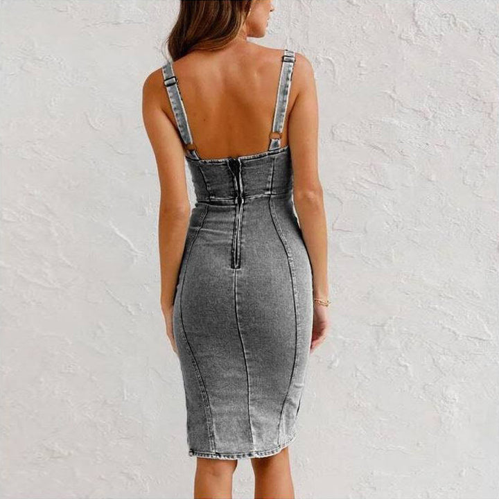 New U-neck Suspender Denim Dress Summer Casual Tight Slim Fit Dresses With Slit Design Womens Clothing-Womens 2024 March-Zishirts