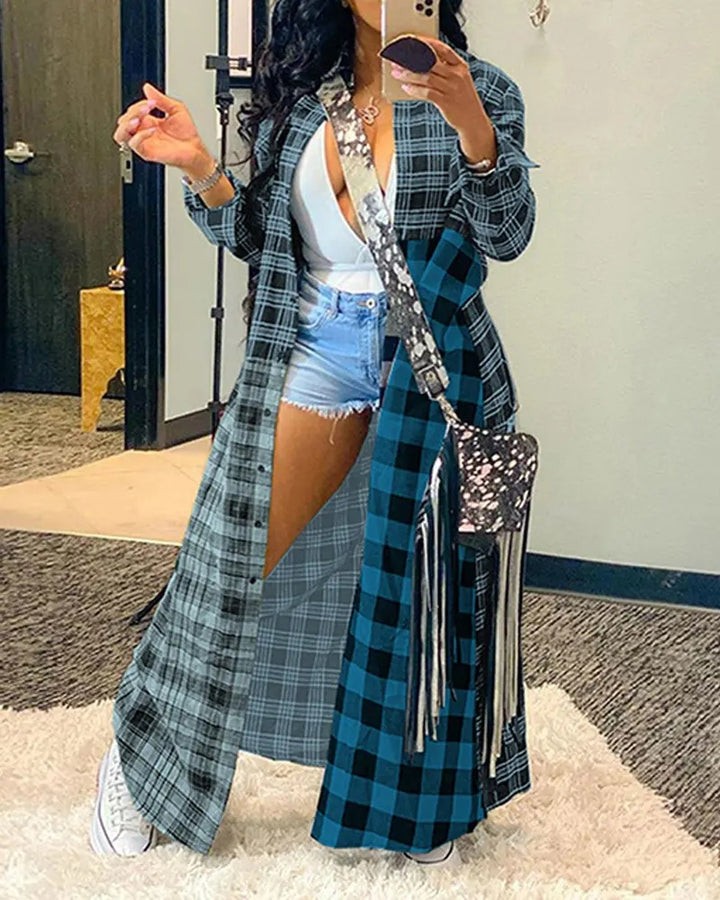 Fashion Casual Color Matching New Long Plaid Coat Shirt-Jackets-Zishirts