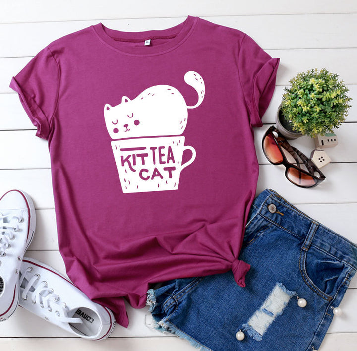 Casual KIT TEA CAT Printed Round Neck Plus Size Short Sleeve-Blouses & Shirts-Zishirts