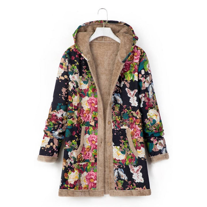 Women's Cotton Linen Print Hooded Sweatshirt Warm Plush Jacket-Jackets-Zishirts