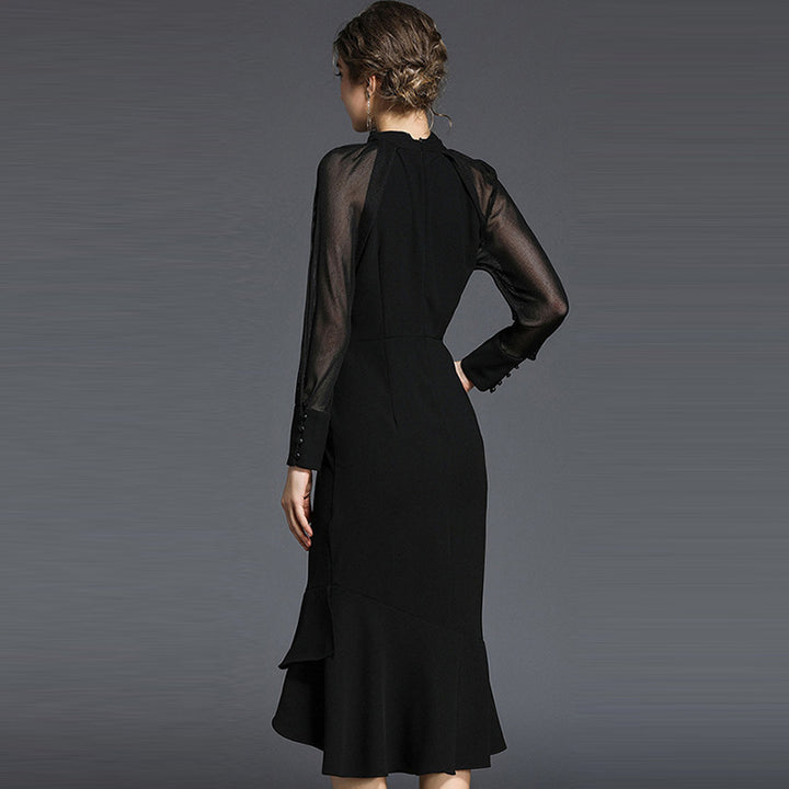 Stylish Temperament Long Sleeves Fishtail Slim Black Dress-Women's Outerwear 2023-Zishirts