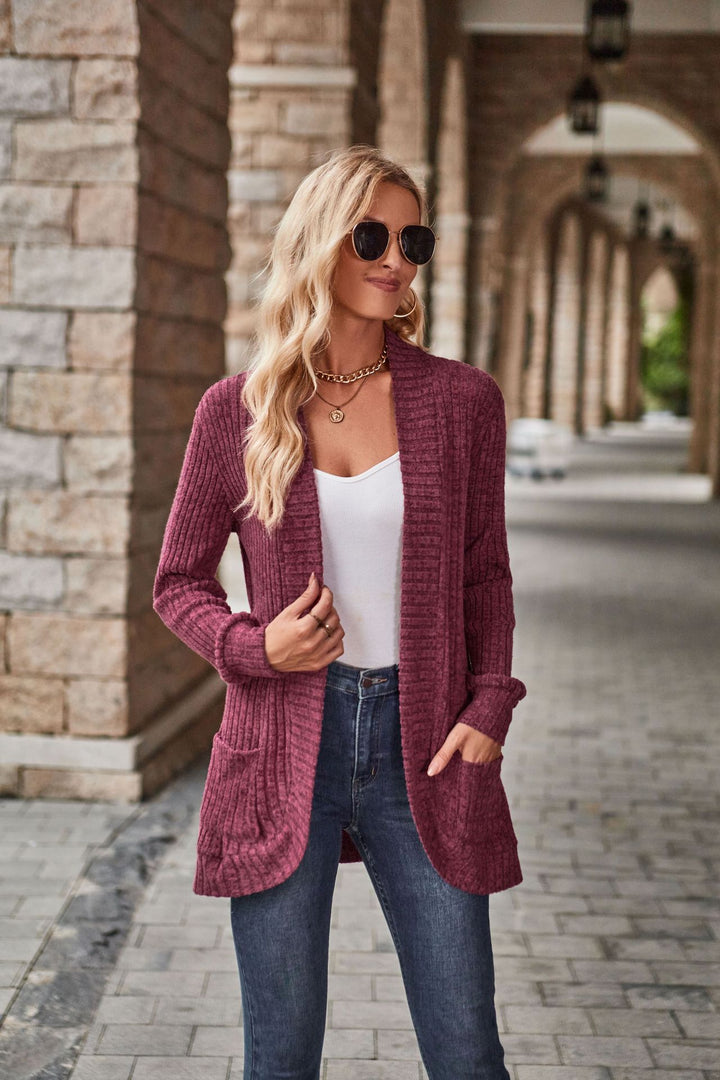 Solid Color Rib Fabric Sanding Casual Patchwork Long Sleeve Cardigan Jacket-Jackets-Zishirts