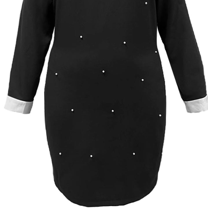 Elegant Lapel Long Sleeve Stitching Contrast Color Beaded Dress-Lady Dresses-Zishirts