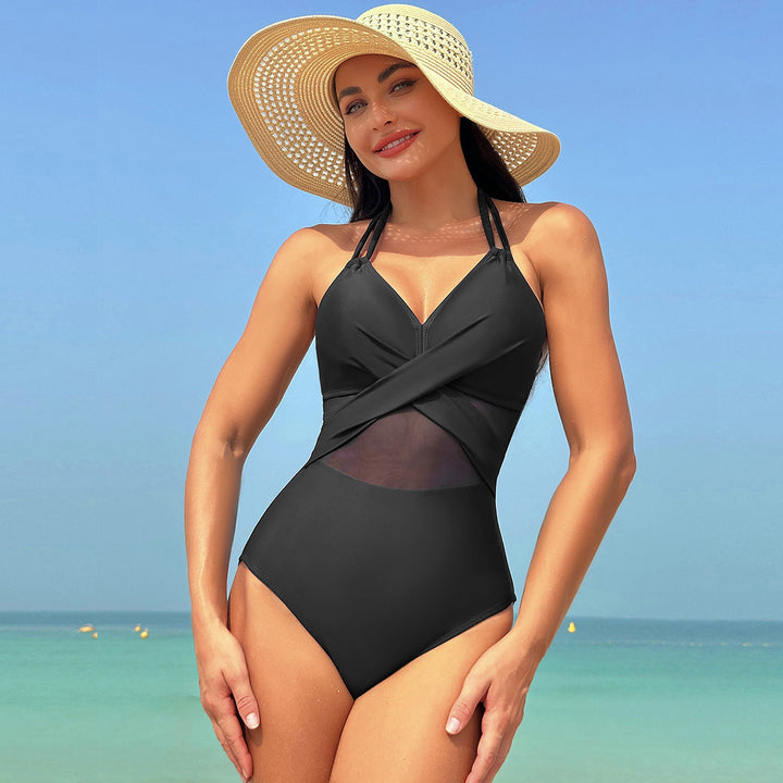 Halter-neck One-piece Swimsuit Summer Solid Color Cross-strap Design Mesh Bikini Beach Vacation Womens Clothing-Womens 2024 March-Zishirts