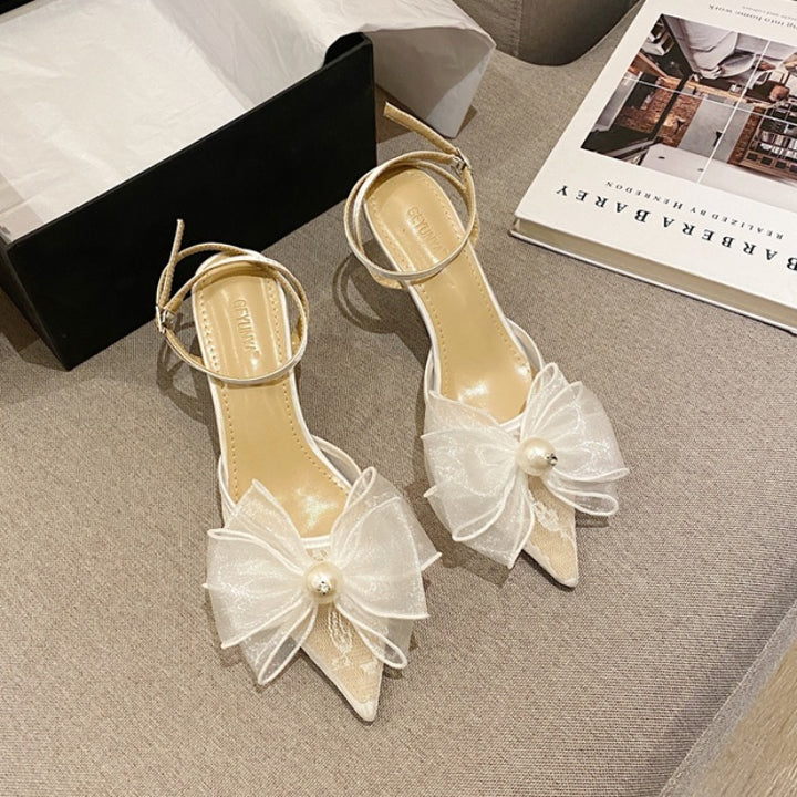Fairy Style Lace Mesh Bow Pointed Toe Buckle Strap Stiletto Heel White High Heels-Womens Footwear-Zishirts