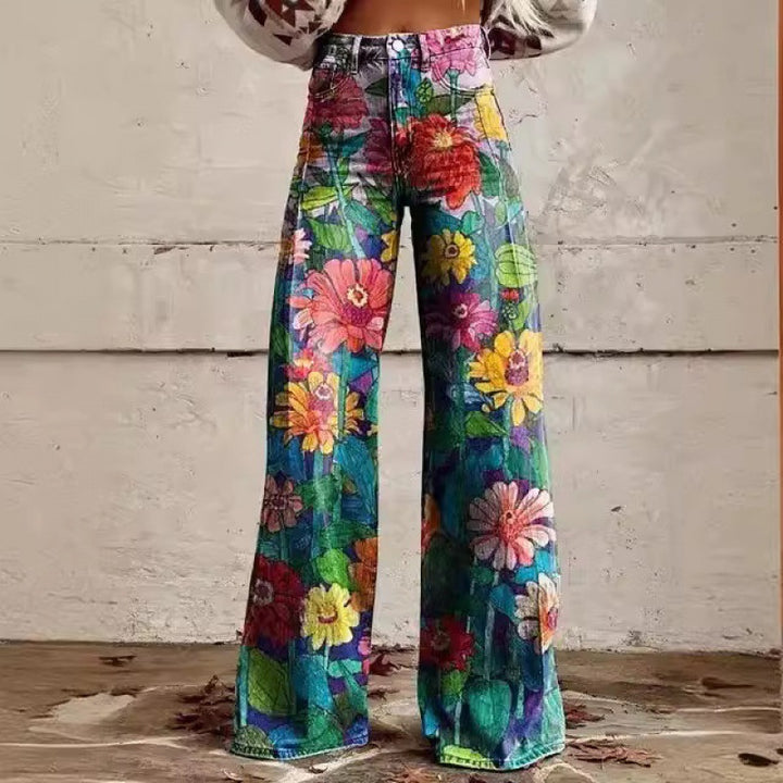 Fashion Women's Printed High Waist Loose Thin Imitation Denim Wide Leg Pants-Woman Jeans-Zishirts