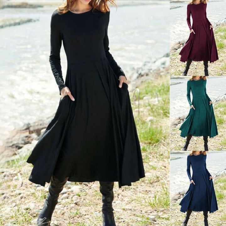 Long Sleeve Round Neck Solid Color Long Women's Clothing Dress-Lady Dresses-Zishirts