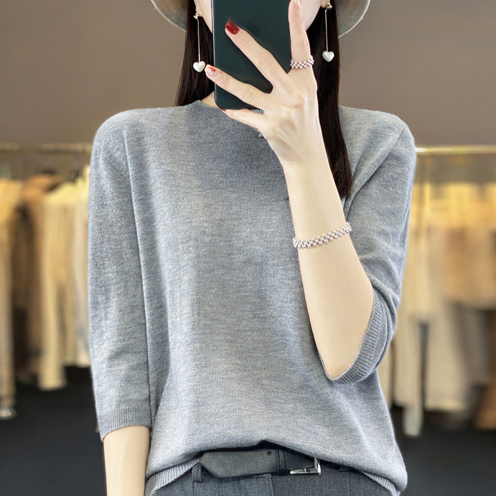 Front Line Ready-made Garments Worsted Sweater Half Sleeve Round Neck Pure Color All-matching Loose T-shirt-Sweaters-Zishirts