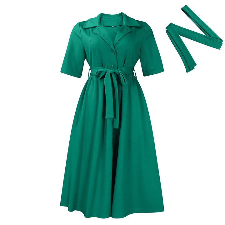 Short Sleeve Suit Collar Strap Solid Color Dress-Lady Dresses-Zishirts