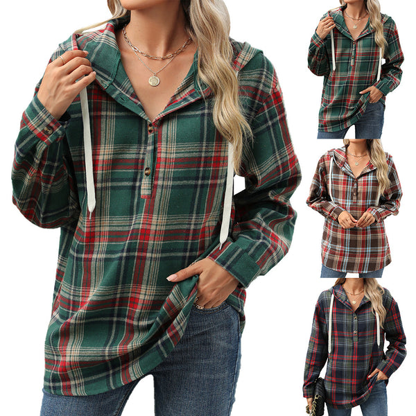 Fashion Plaid Print Hooded Sweatshirt With Button Loose Long Sleeve Hoodies Leisure Sports Top For Womens Clothing-Jackets-Zishirts