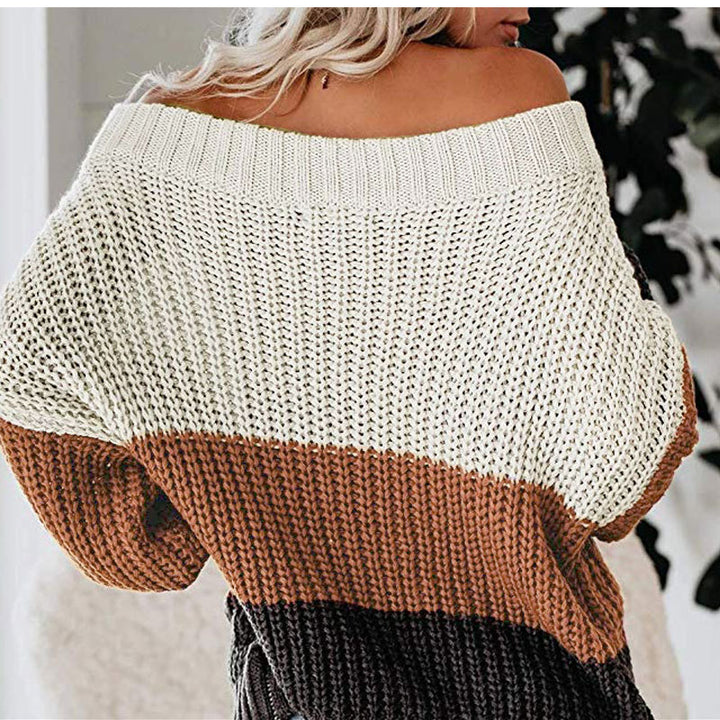 Women's Fashion Loose Casual Patchwork Stripes Knitwear-Sweaters-Zishirts