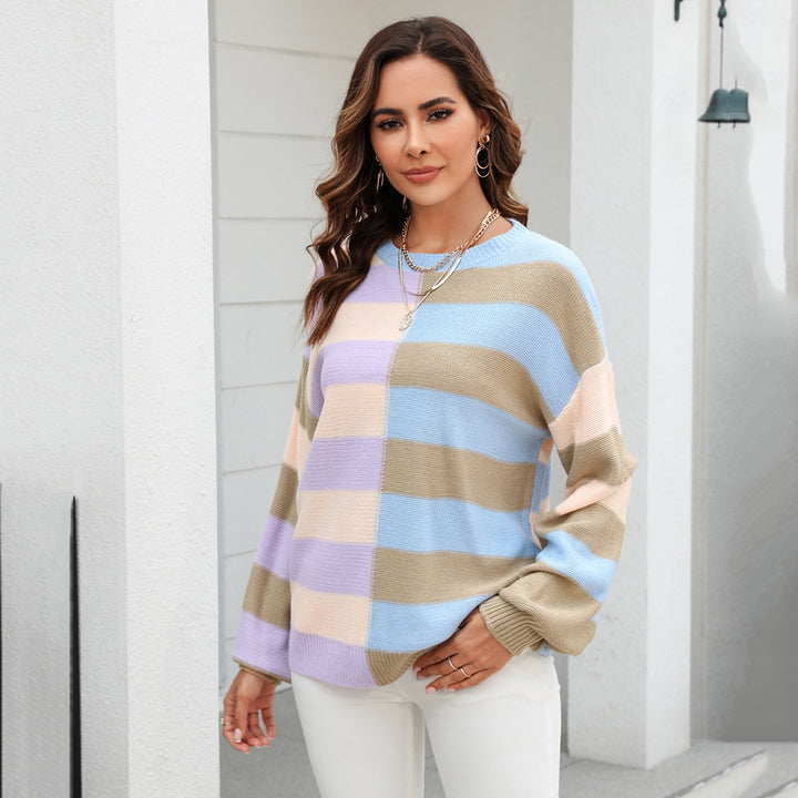 Women's Fashion Simple Stitching Striped Contrast Color Round Neck Knitwear-Sweaters-Zishirts