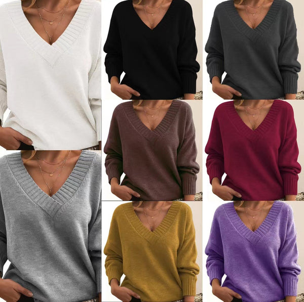 New Knitted Pullover Top For Women Loose V-neck Casual All-matching Sweater-Sweaters-Zishirts