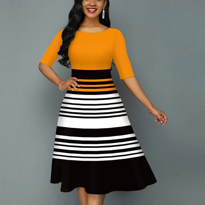 Women's Printed Striped Round Neck Knitted Dress-Womens 2024 March-Zishirts