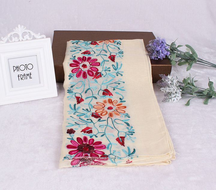 Ethnic Style Embroidered Floral Scarf Shawl Sunscreen Silk Female-Scarves & Wraps-Zishirts