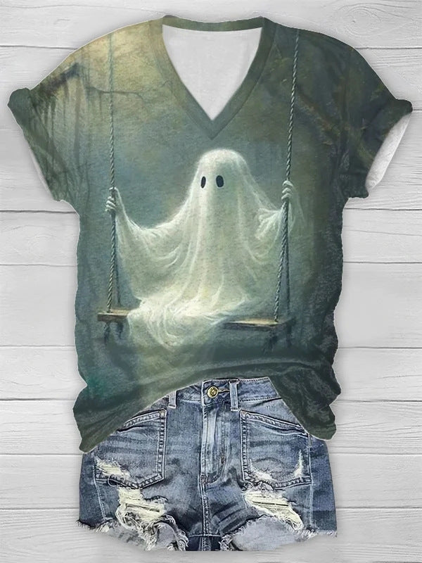 Halloween Pattern Printed Short-sleeved V-neck T-shirt Women's Top-Blouses & Shirts-Zishirts