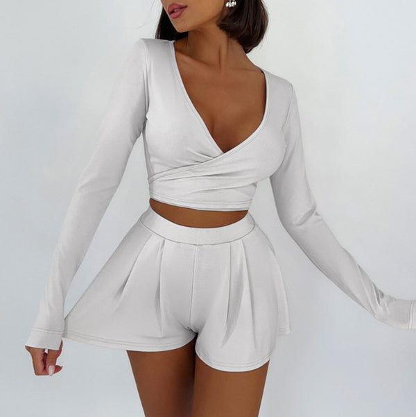 Women's Elegant Slim Fit Deep V Long Sleeve Vest Shorts Set-Suits & Sets-Zishirts