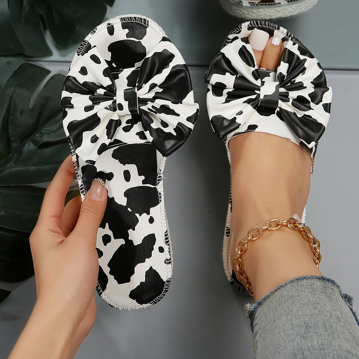 Women's Fashion Personality Cows Pattern Bow Outer Wear Flat Slippers-Womens Footwear-Zishirts