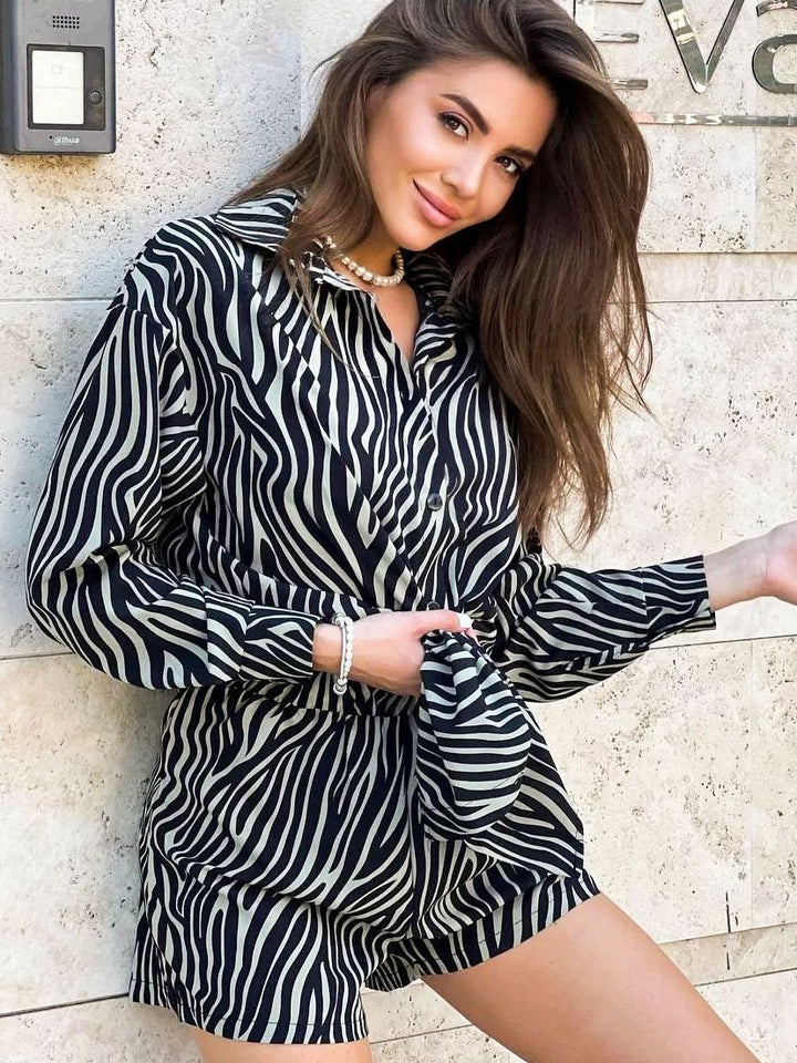 Women's Fashion Casual Zebra Striped Printed Long Sleeves Shirt High Waist Shorts Two-piece Set-Suits & Sets-Zishirts