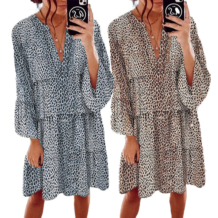 Women's Clothing Leopard Print V-neck Plus Size Loose Long Sleeve Dress-Womens 2024 March-Zishirts