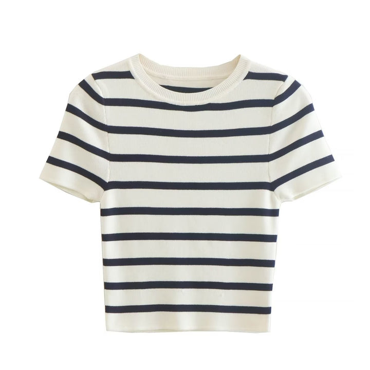 Striped Round Neck Short Sleeve Knitted Sweater-Sweaters-Zishirts