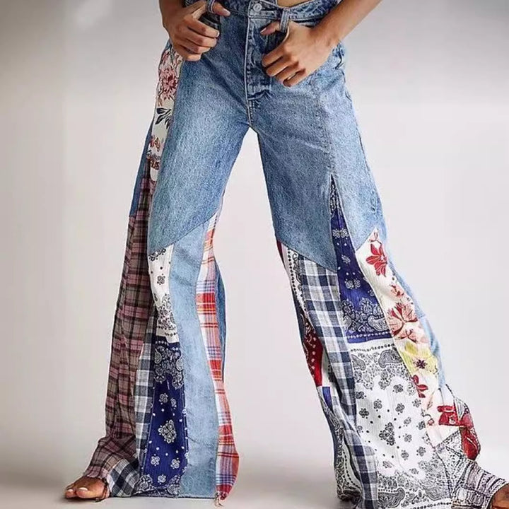 Retro Denim Stitching Button High Waist Wide Leg Jeans-Woman Jeans-Zishirts