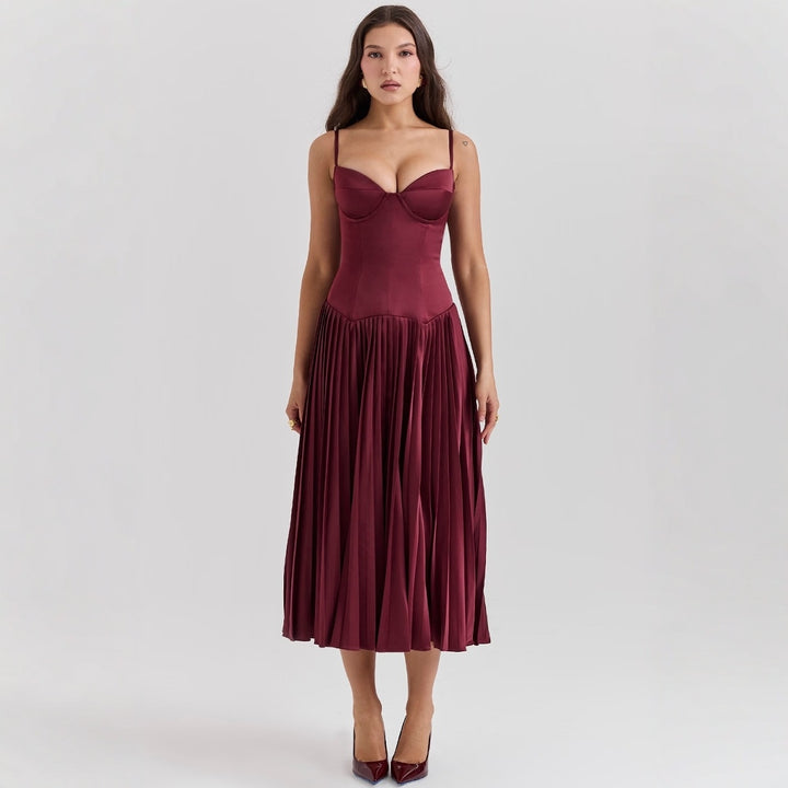 Spaghetti Straps Sleeveless Slim-fit Pleated Dress-Lady Dresses-Zishirts