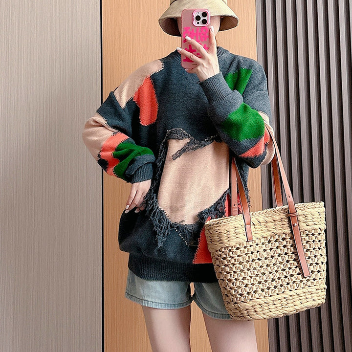 Women's Loose Pullover Multicolor Idle Style Autumn Top-Sweaters-Zishirts