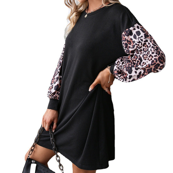 Leopard Print Contrast Color Stitching Long Sleeve Crew Neck Pullover Sweatshirt-Blouses & Shirts-Zishirts