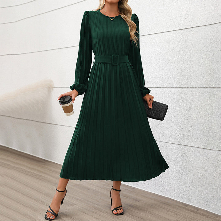 Women's Dress Long Sleeve Pleated Round Neck-Lady Dresses-Zishirts