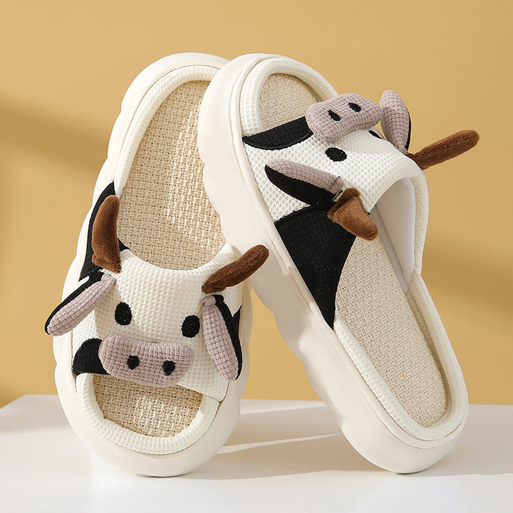 Cute Cartoon Cow Frog Slippers Linen Non-slip Shoes Indoor Garden Home Slippers-Womens Footwear-Zishirts