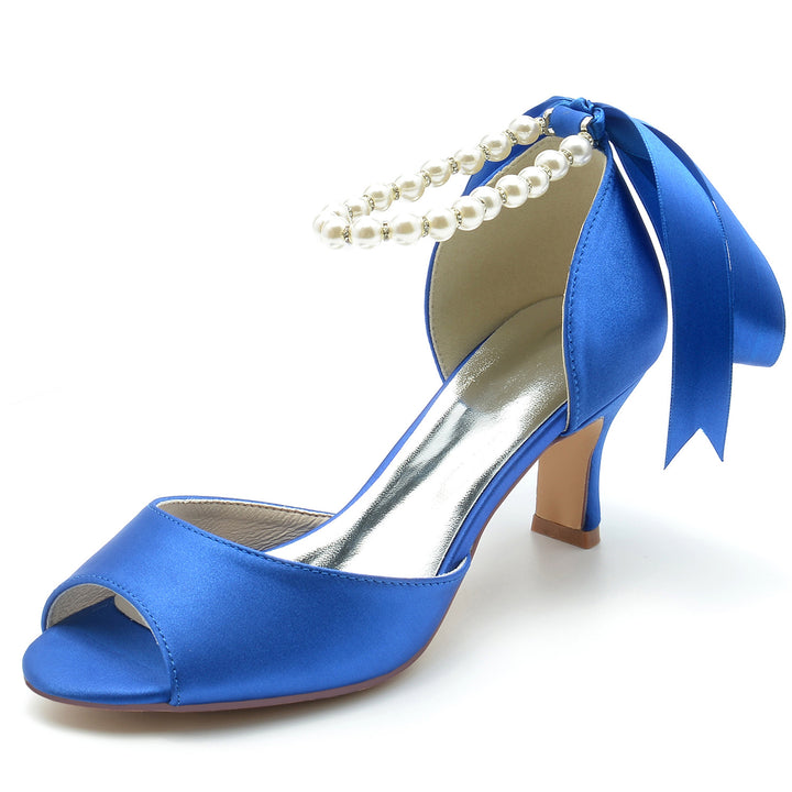 Chunky Heel Pearl Chain Ribbon High Heels Blue Hollow-Womens Footwear-Zishirts