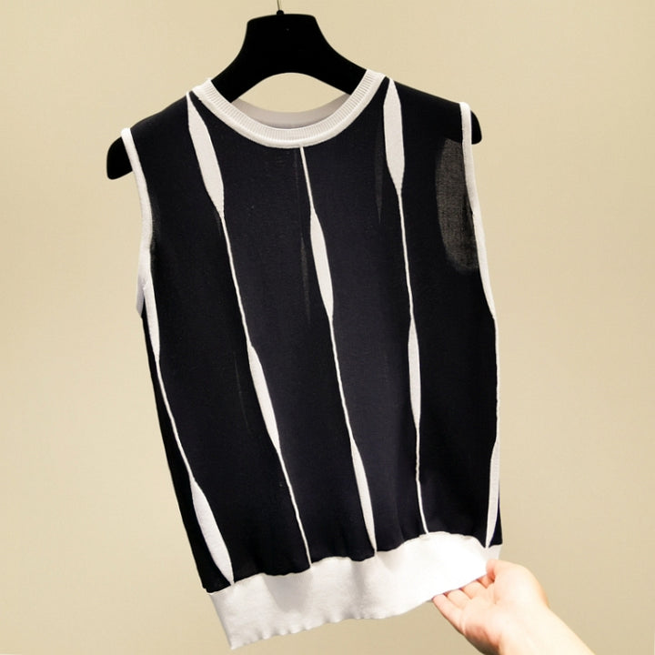 Women's Contrast Color Striped Vest Outer Wear-Sweaters-Zishirts