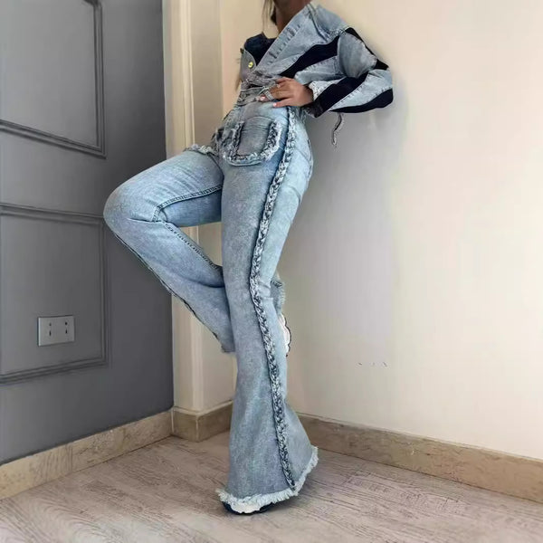 High Waist All-matching Twist Elastic Denim Bell-bottom Pants-Woman Jeans-Zishirts