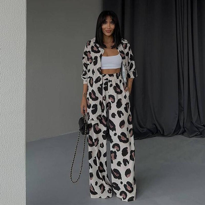 Printed Design Long-sleeved Shirt Wide-leg Pants Two-piece Set-Suits & Sets-Zishirts