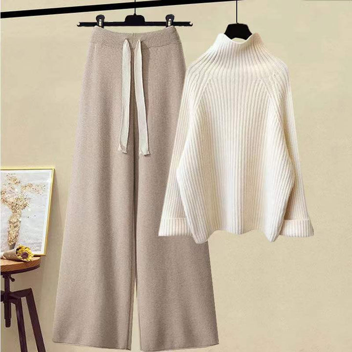 Thickened Coarse Yarn Knitwear Wide Leg Pants Two-piece Set-Women's Outerwear 2023-Zishirts