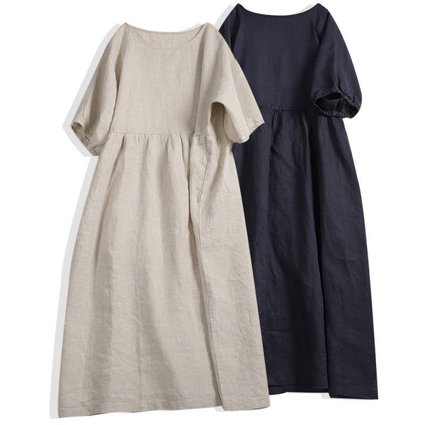 Linen Dress Mid Length Loose Mori Doll Sleeve Cotton Linen Skirt-Lady Dresses-Zishirts