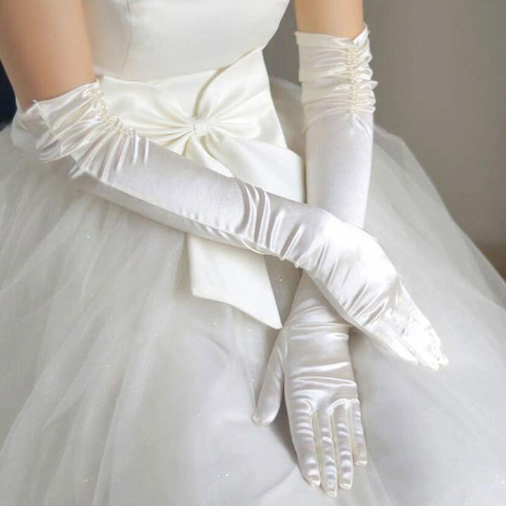 Double-row Beaded Satin Sun Protection Scar Cover Up Oversleeve Bridal Wedding Gloves-Women's Outerwear 2023-Zishirts