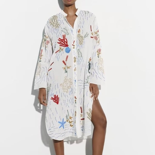 Women's Loose Casual Embroidered Long Shirt Dress-Lady Dresses-Zishirts