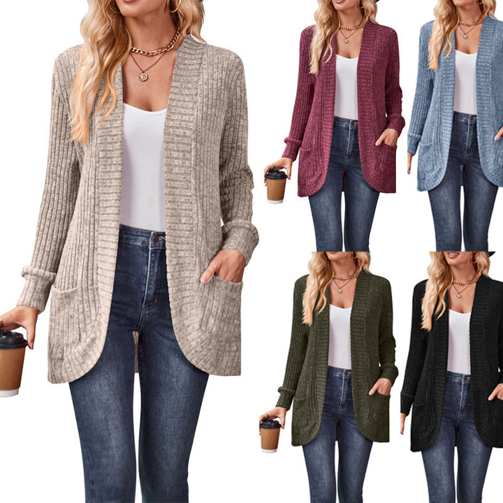 Solid Color Rib Fabric Sanding Casual Patchwork Long Sleeve Cardigan Jacket-Jackets-Zishirts