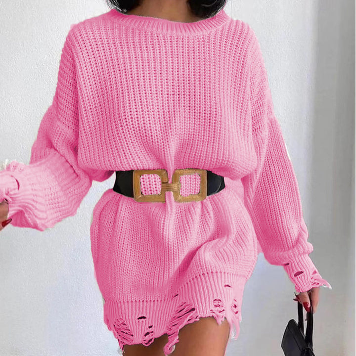 Solid Color Round Neck Long Sleeve Burrs Loose Knitted Pullover-Women's Outerwear 2023-Zishirts