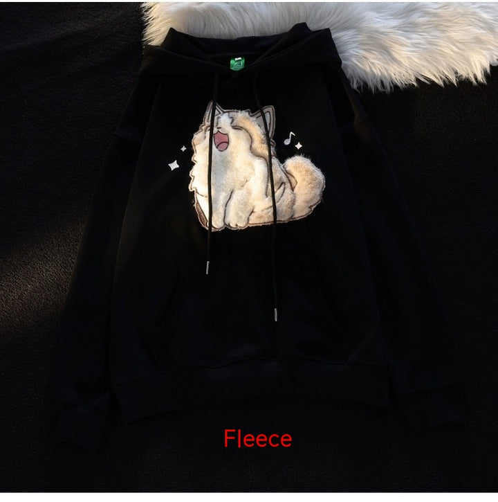 Embroidered Kitten Female Fleece-lined Thickened Hooded Sweatshirt-Women's Outerwear 2023-Zishirts