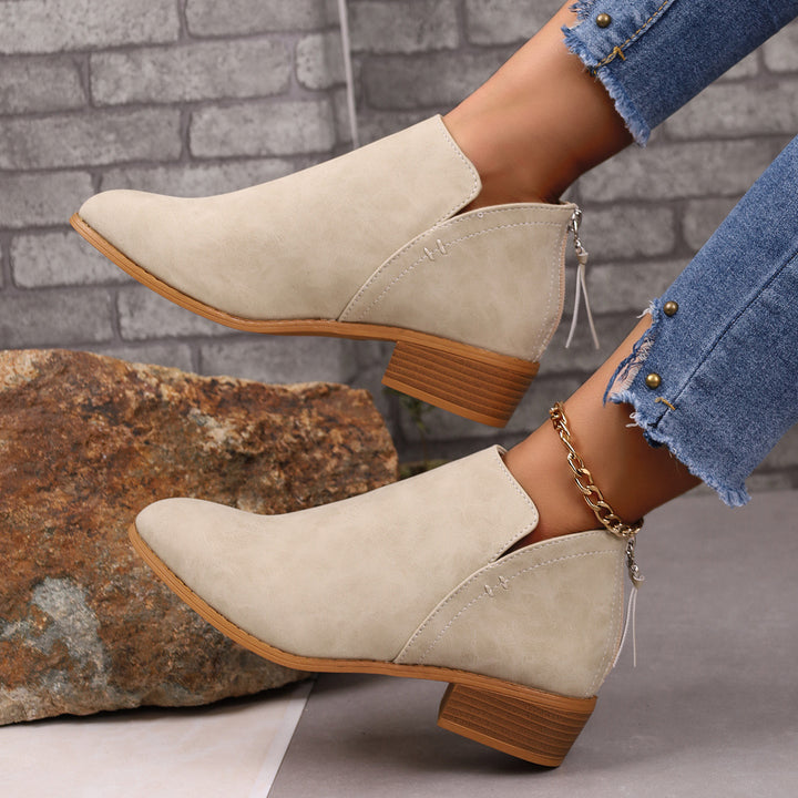 Chunky Heel Pointed Toe Ankle Boots With V-cut Design Fashion Fall Winter Short Boots For Women Shoes-Womens Footwear-Zishirts