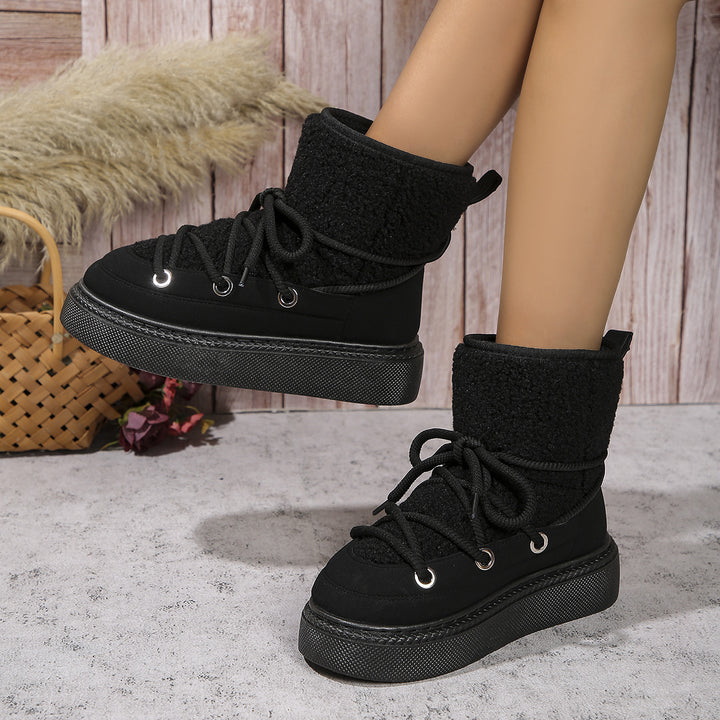 Fashion Lace-up Snow Boots Winter Flat Thick-soled Height-enhancing Cotton Shoes For Women Casual Warm Short Boot-Womens Footwear-Zishirts