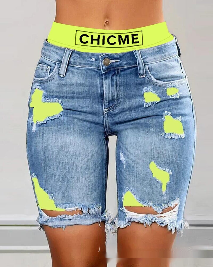 Color Contrast Patchwork Ripped Fake Two-piece Denim Shorts-Woman Jeans-Zishirts