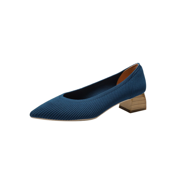 Wood Grain Thick Heel Pointed Breathable Casual Pumps-Womens Footwear-Zishirts