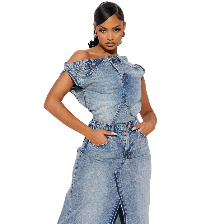 Women's Fashion Retro Denim Casual Denim Skirt Suit-Suits & Sets-Zishirts