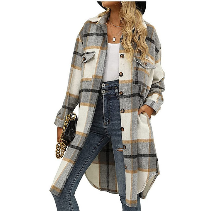 Plaid Lapel Button Woolen Casual Trench Coat-Women's Outerwear 2023-Zishirts